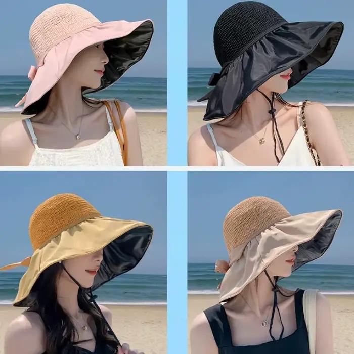 Chapeau de soleil d'été pour femme en paille tressée anti-UV 2025 avec large bord