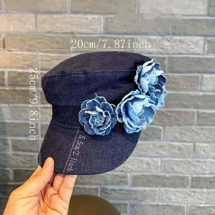 Mode Cowboy plat haut marine chapeau fleur grande tête taille Denim octogonale