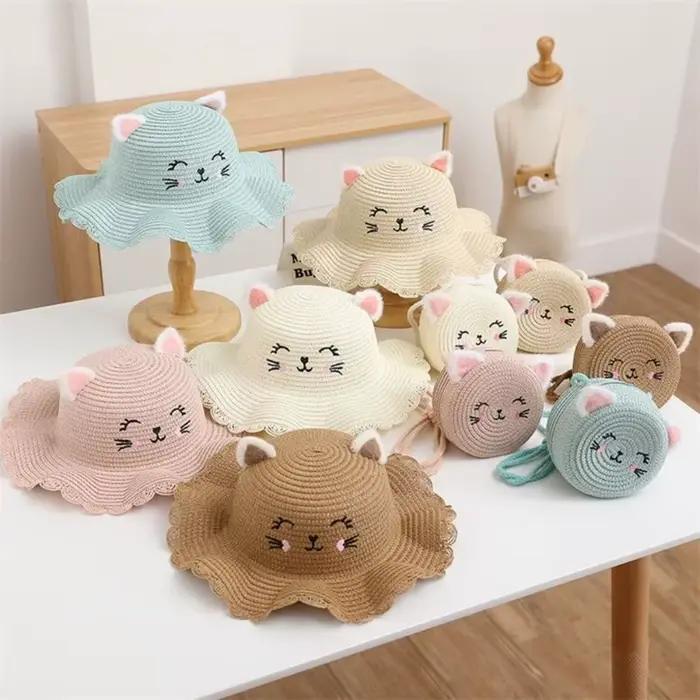 Chapeau de soleil de paille pour enfants motif chat mignon réglable plage été occasions spéciales