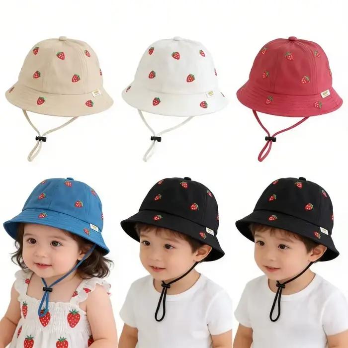 Chapeau de pêcheur pour fille avec broderie fraise 48-50cm Printemps-Été Nouveau Casquette Bob Mignonne pour Garçons Chapeau de Soleil Tendance pour Enfants et Tout-Petits
