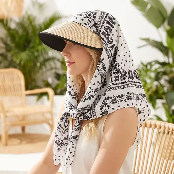 Chapeau de soleil d'été pour femme avec imprimé pois, écharpe intégrée, large bord, protection UV, pour plage et activités extérieures