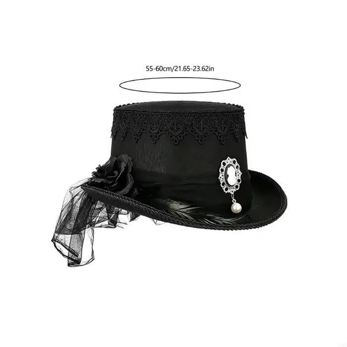 Chapeau haut de forme gothique noir en dentelle, orné de perles camée vintage, pour performance scénique, élégant, style victorien steampunk, pour fête