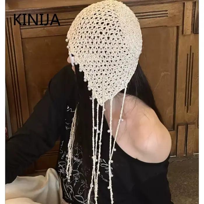 Bonnet tricoté ajouré à paillettes style Ins pour femme
