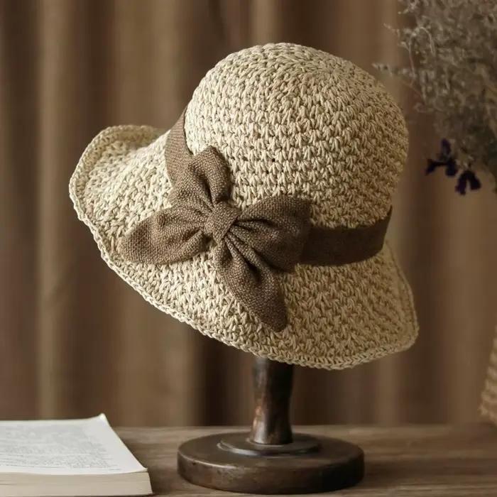 Chapeau de paille tressé vintage respirant pliable avec nœud