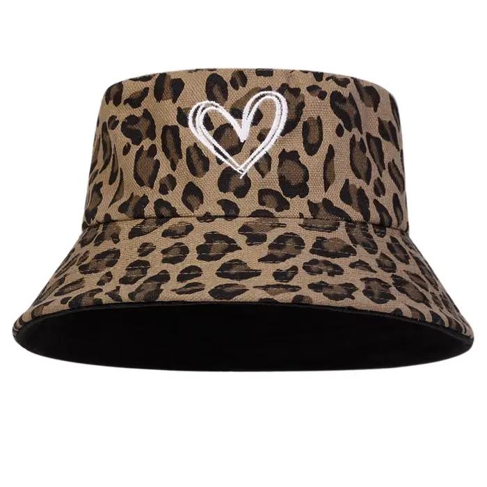 Chapeau de pêcheur Panama unisexe à imprimé léopard et cœurs pour homme et femme, protection solaire, chapeau de seau pour printemps et automne