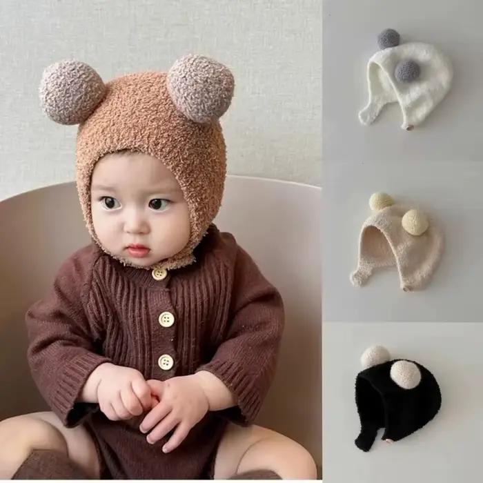 Mignon bébé chapeaux hiver chaud enfants fille garçons polaire laine ourlet casquettes avec boule solide