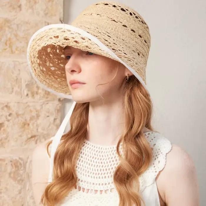 Chapeaux de soleil en raphia véritable français à lacets pour femmes