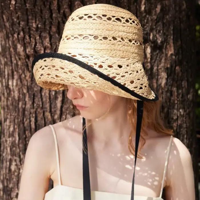 Chapeaux de soleil en raphia véritable français à lacets pour femmes