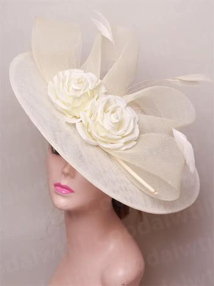 Ivoire grand Royal Ascot Fascinator chapeau fleur cheveux accessoires femmes mariage église casque dames Cocktail fête chapellerie casquette