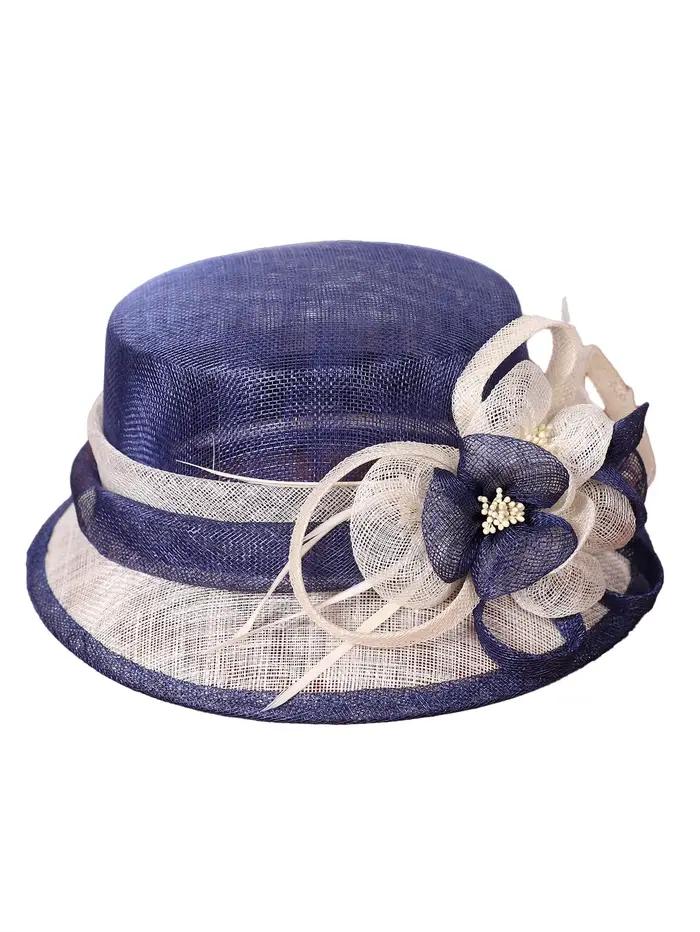 Chapeau Fedora FS en sinamay bleu et blanc pour femme, bord large, fleur ornée, élégant pour mariage, église, courses de chevaux, occasions formelles