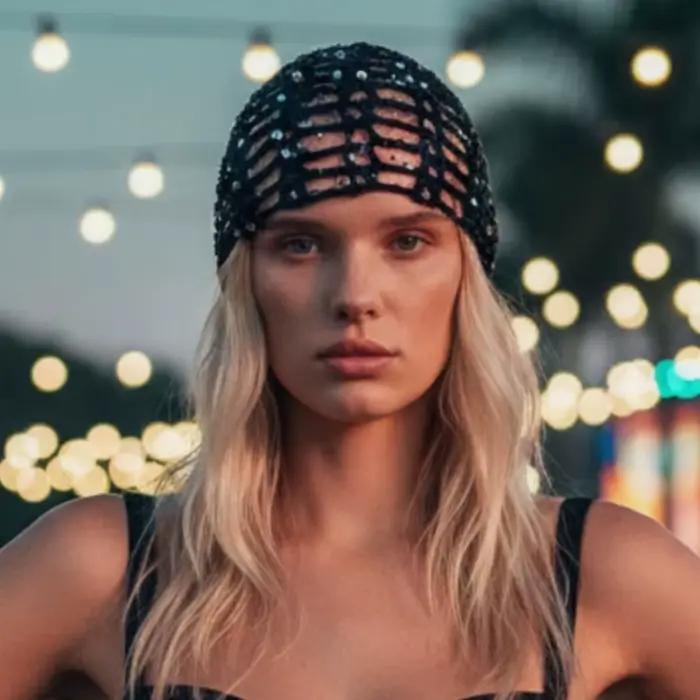 Chapeau tricoté Y2K ajouré à sequins style filet de pêche