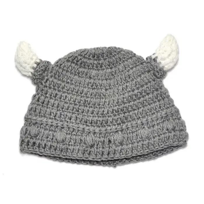 Bonnet en corne de taureau gris tricoté à la main au Crochet Viking infantile chapeau d'hiver garçons filles enfants chapeaux tricotés chaud automne hiver