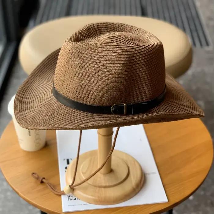 Chapeau de paille de cowboy western d'été 62 cm à large bord roulé pour hommes et femmes
