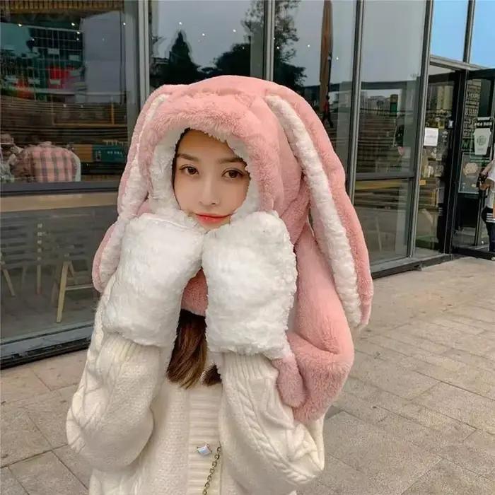 Nouvelle mode écharpe chapeau gant femmes mignon grande oreille lapin bonnet hiver chaud doux épaississement poche