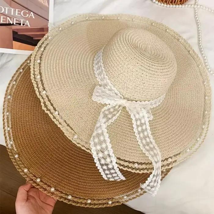 Chapeau de plage en paille surdimensionné pour femme avec nœud