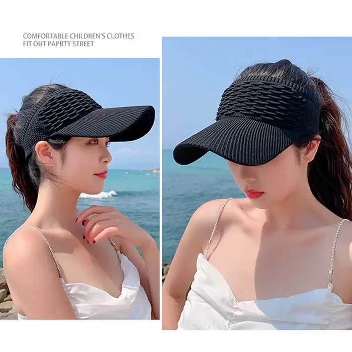 Mode plis conception femmes vide haut-de-forme été couleur unie grand bord crème solaire chapeau en plein air élastique tissu sport casquette de soleil