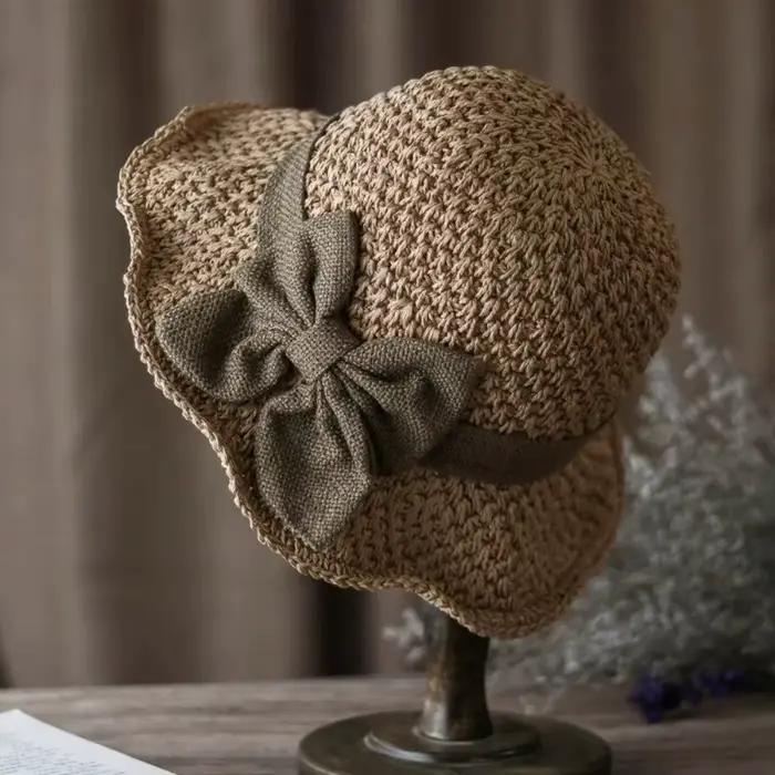 Chapeau de paille vintage à large bord avec nœud