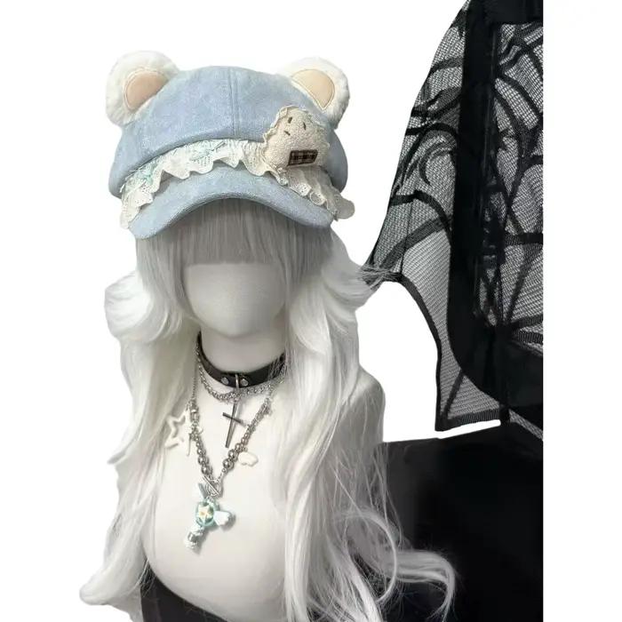 Casquette de baseball en peluche avec oreilles d'ours et dentelle