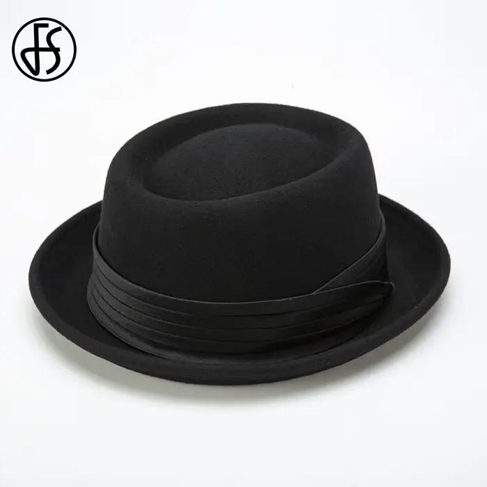 FS rouleau bord noir porc tarte chapeau pour hommes ivoire blanc laine Fedoras hiver Jazz casquette église Panama Gangsters casquettes messieurs 2025