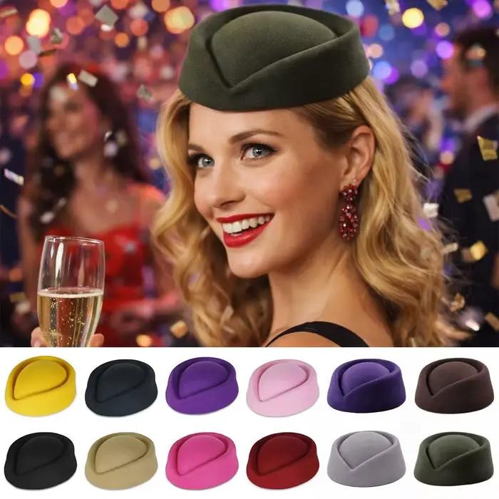 Chapeau de mode britannique rétro, style haut-de-forme, béret en feutre uni, casquette concave, casquette pillbox, chapeau d'hôtesse de l'air pour cosplay