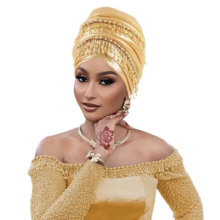 Couvre-chef africain femmes perles glands Turban casquette mariage nigérian Auto Gele fête casque tête enveloppement Hijab Bonnet chapeau coiffure