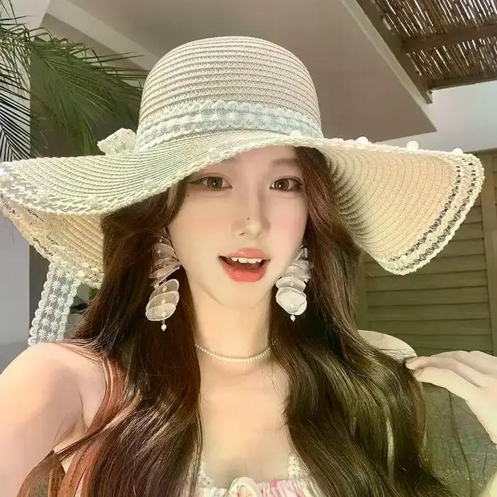 Chapeau de plage en paille surdimensionné pour femme avec nœud