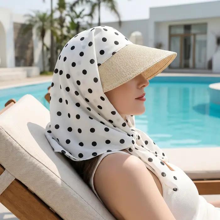 Chapeau de soleil d'été pour femme avec imprimé pois, écharpe intégrée, large bord, protection UV, pour plage et activités extérieures