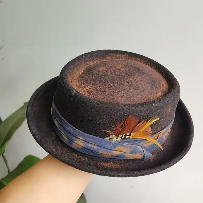 Chapeau brûlé en laine fait à la main Vintage tarte de porc