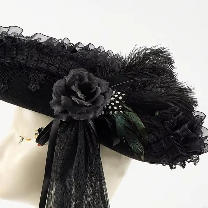 Chapeau tricorne pirate du 18ème siècle avec bordure en dentelle et voile long pour costumes coloniaux, événements Halloween et jeux de rôle d'aventure