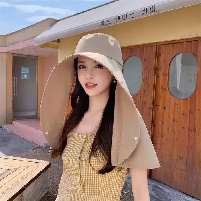 Chapeaux de soleil pour femmes protection uv anti-cou sportifs polyester large bord châle queue de cheval été occassions décontractées