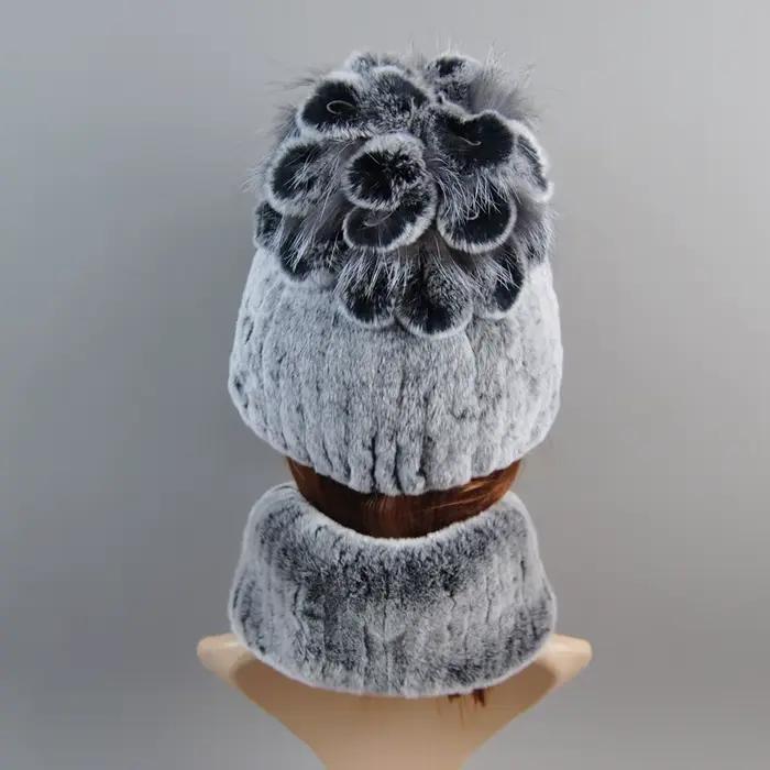 Ensemble Chapeau et Écharpe en Vraie Fourrure de Lapin Rex pour Femme