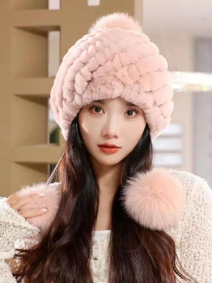 Véritable Rex lapin fourrure chapeau pour femmes automne russe ushanka rayure