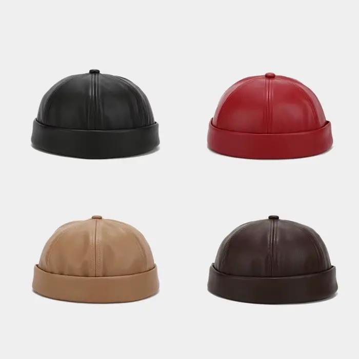 Nouveau cuir sans bords rond propriétaire chapeau couleur unie réglable peau de Melon
