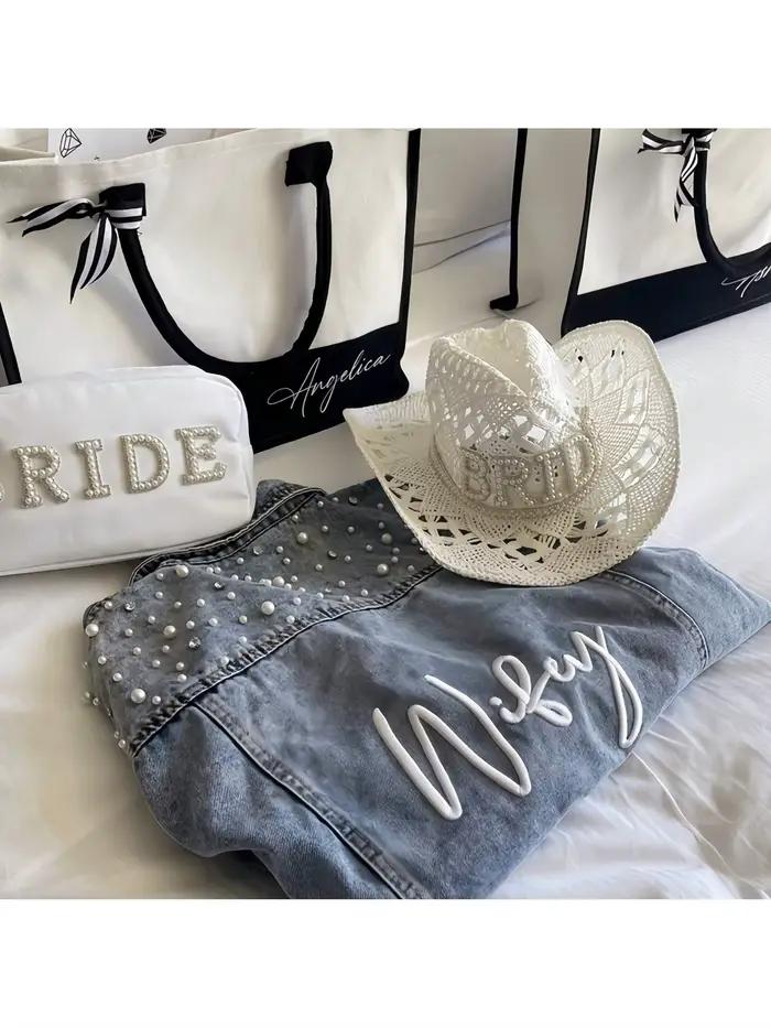 Chapeau de cowgirl personnalisé en paille blanche avec perles et strass | Cadeaux de mariage | Soirée de enterrement de
