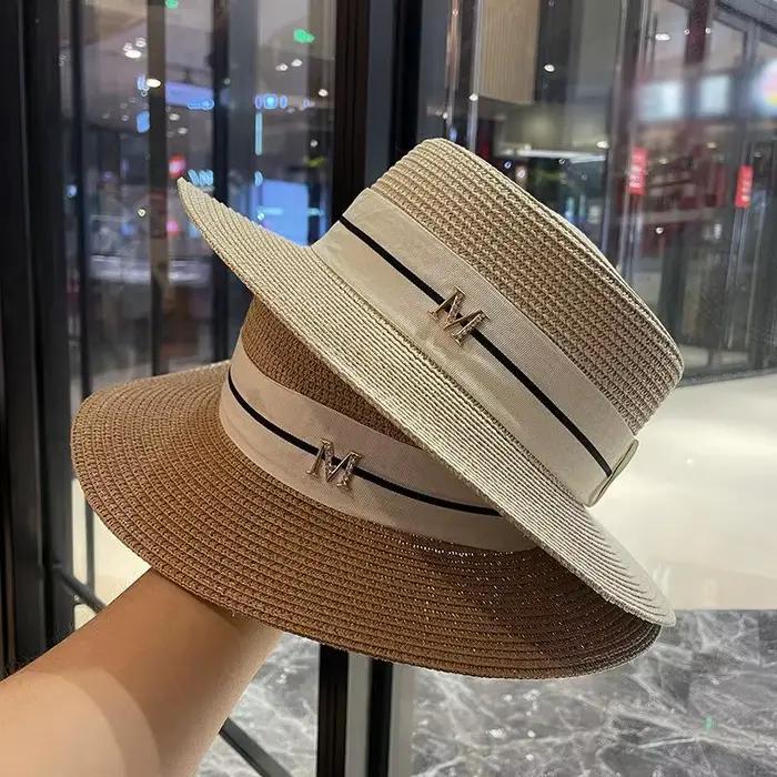 Nouvelles lettres brodées femmes chapeaux de paille Panama à large bord Jazz chapeau d'été dames