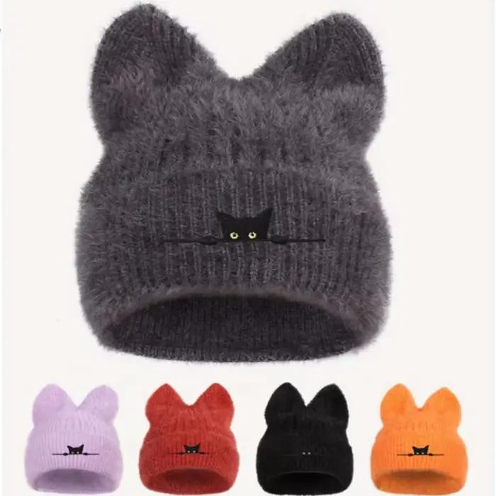 Chapeau tricoté oreilles de chat en acrylique pour homme et femme style unique et confortable pour l'automne et l'hiver