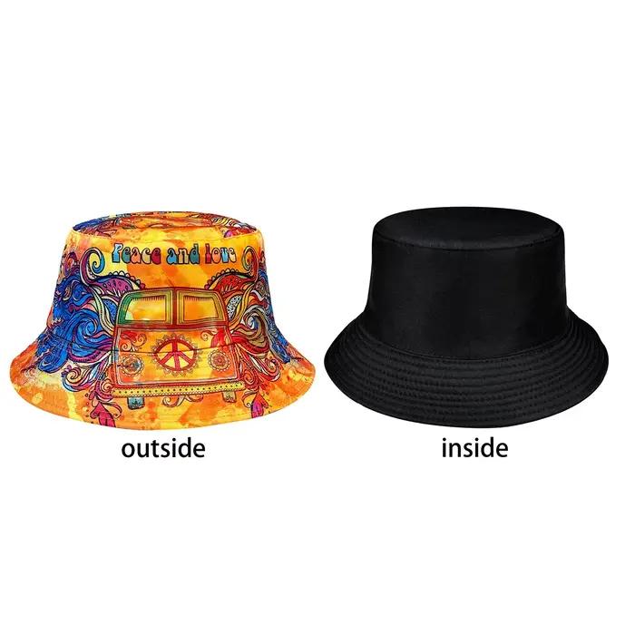 Chapeau de pêcheur orange Peace and Love chapeau de seau unisexe style sport motifs imprimés réversibles pour femmes et hommes occasions décontractées toutes saisons