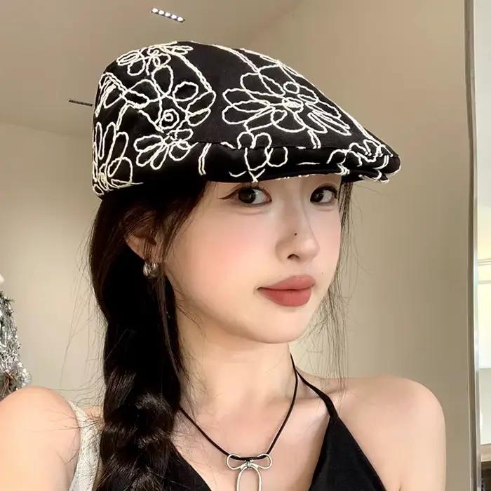Casquette de gavroche en coton sergé pour femmes et filles béret noir boina style sport occasion décontractée rétro grande collection女性和女孩使用的加瓦罗什棉纱贝雷帽,用于阅读板场景,女士面包师帽,复古大贝雷帽,黑色博纳贝雷帽