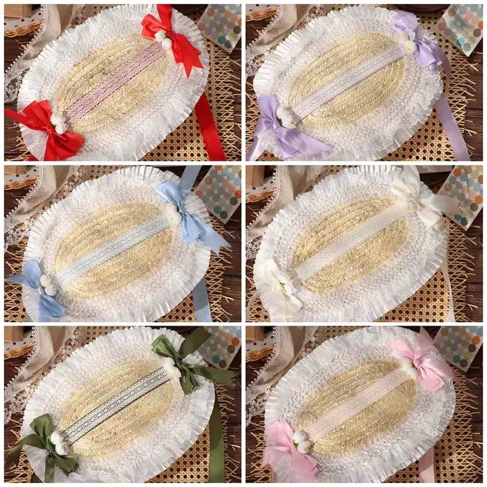 Bonnet Lolita en dentelle, style pastoral, chapeau de paille Lolita français, protection solaire, dessus plat, nœud, ruban, fleur, accessoires Lolita