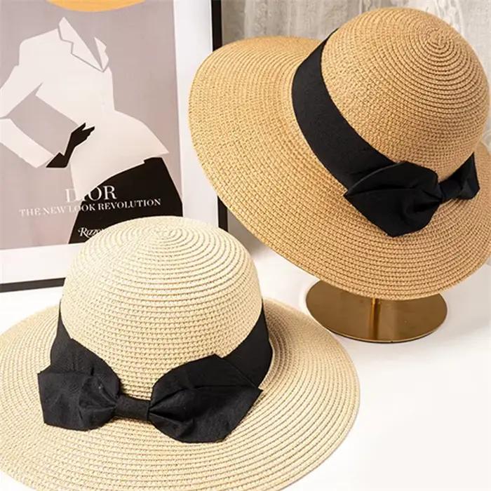 Chapeau de paille grand avant-toit avec nœud papillon noir pour femmes protection solaire et élégance mode été plage vacancesextérieuractivitéschic