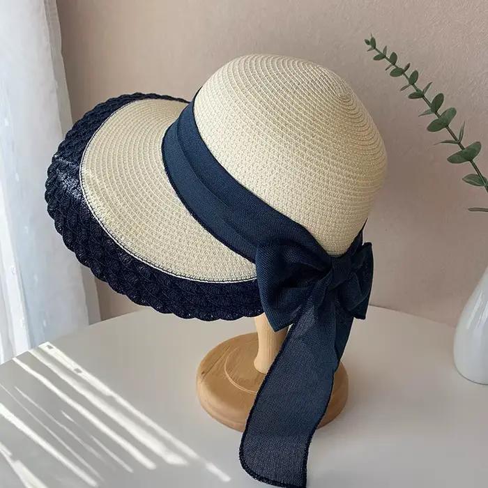 Chapeau de paille d'été pour femme avec nœud en ruban