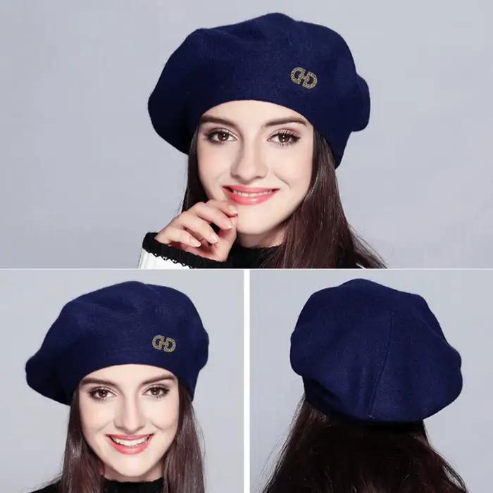 Nouvelle mode béret pour femmes dame tricoté automne hiver chaud rouge blanc noir marron bleu marine femme strass laine chapeau casquette