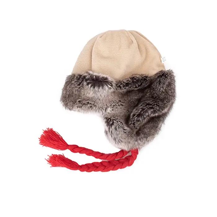 Chapeau d'hiver FS en laine tricotée beige avec pompon en fourrure pour hommes et femmes protection des oreillettes extérieur hiver tricoter bomber帽