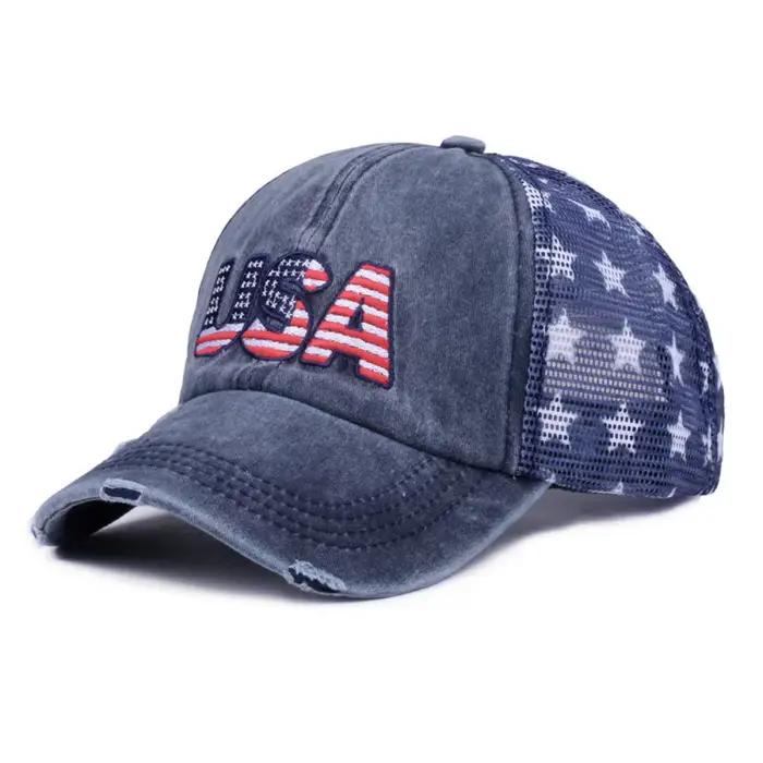 Casquette de baseball avec éléments de drapeau américain broderie en relief points d'étoiles et filet pour hommes et femmes style patriotique occasions spéciales