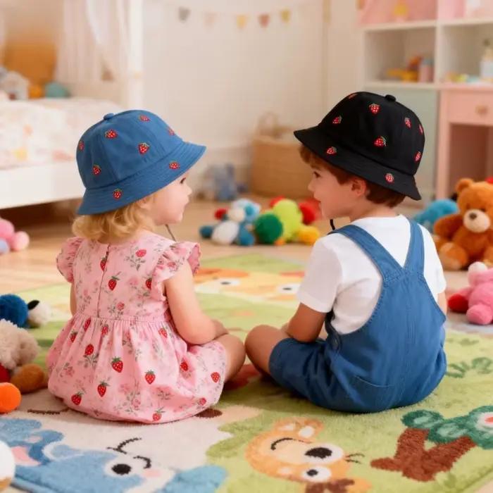 Chapeau de pêcheur pour fille avec broderie fraise 48-50cm Printemps-Été Nouveau Casquette Bob Mignonne pour Garçons Chapeau de Soleil Tendance pour Enfants et Tout-Petits