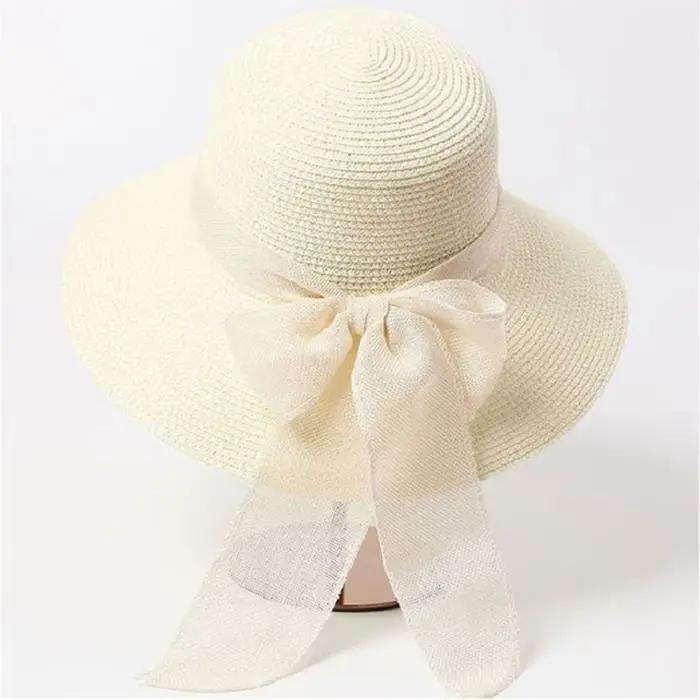 Chapeau de soleil d'été pour femme style britannique paille tressée nœud et ruban protection solaire plage vacances