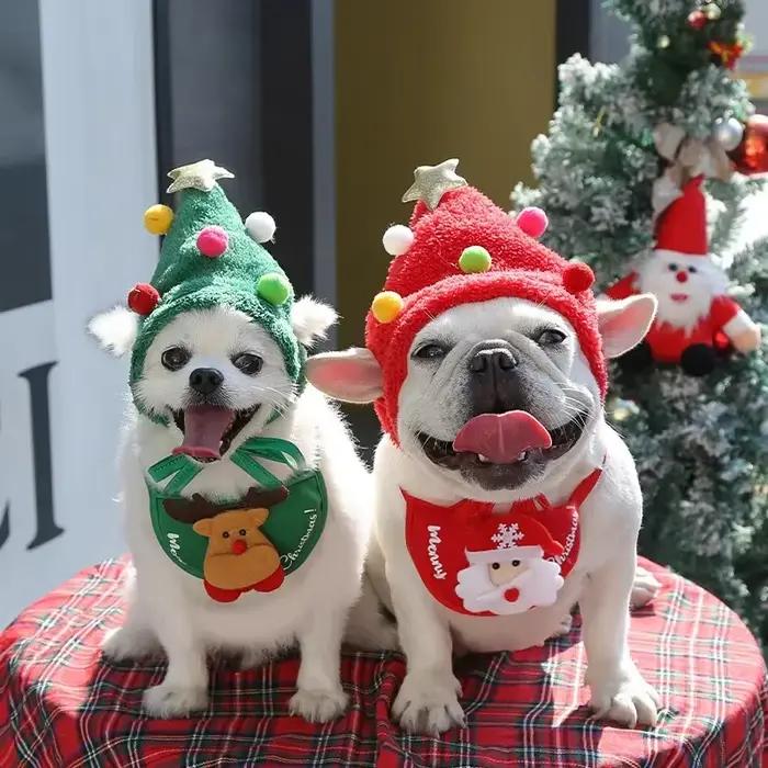 Chapeau de Noël pour animaux de compagnie mignon avec antennes, salive towel inclus, pour chiens et chats, accessoire de fête pour halloween, noël, mariage et plus