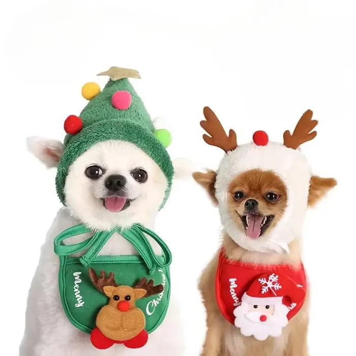 Chapeau de Noël pour animaux de compagnie mignon avec antennes, salive towel inclus, pour chiens et chats, accessoire de fête pour halloween, noël, mariage et plus