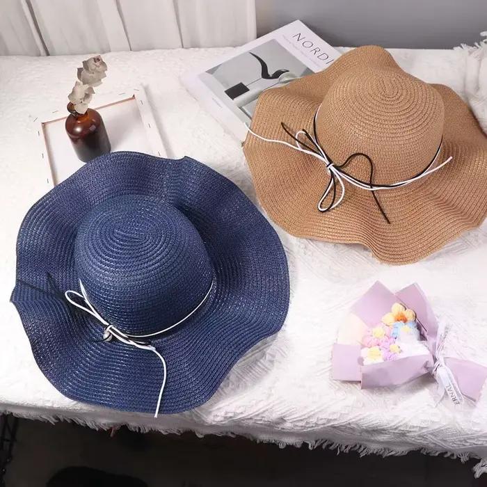 Chapeau de paille pliable style français avec perles