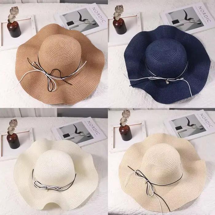 Chapeau de paille pliable à large bord style français avec perles